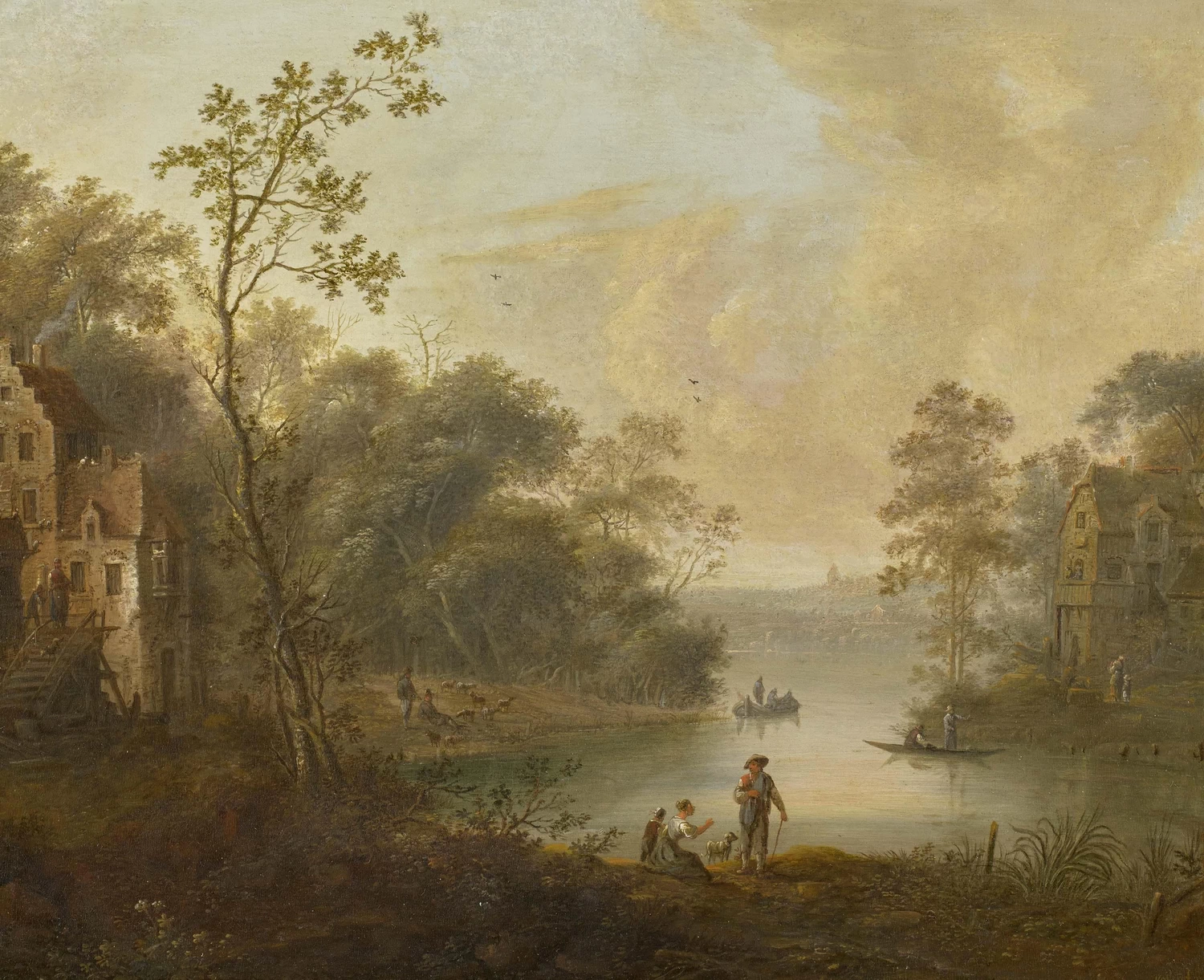Johann Christian Vollerdt - Paesaggio boscoso su un lago con case e persone sulla riva